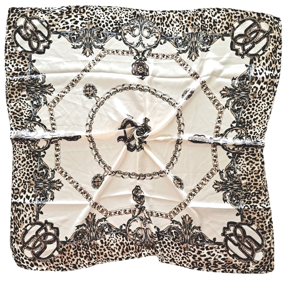 Oversized Square Satin Scarf Leopard Print Gold Chain Equestrian Old Money💖